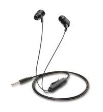 Wired in-ear headphones against white background, studio recording