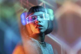 A Latin woman is deeply immersed in a virtual reality experience, wearing sleek VR glasses. The
