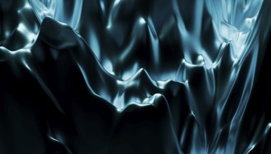 This image features a 3D render illustration of deep blue silky, fluid like waves with a dynamic