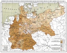 Historical map, spread of infectious diseases in the German Empire in 1892 and 1893, Historische
