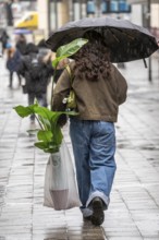 Passers-by in a pedestrian zone, Kettwiger Straße, woman with potted plant in rainy weather, city