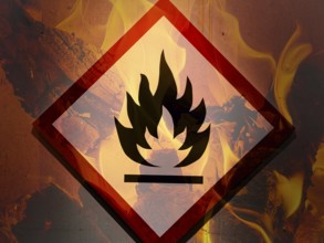 Photo montage, dangerous goods label flame GHS 02, Globally Harmonised System for Classification