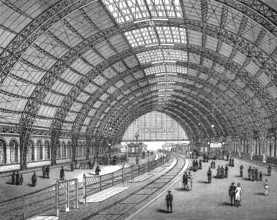 Historic illustration, 19th century, Friedrichstrasse railway station, hall construction, Berlin,