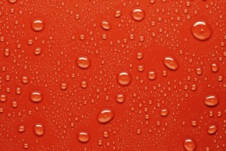 Close up of water droplets on a bright red surface, capturing the texture and varying sizes of the
