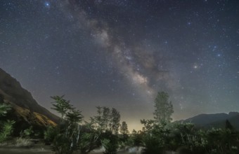 A breathtaking view of the Milky Way galaxy stretching above the serene landscape of Sequoia
