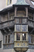 Balcony of the medieval house Maison Pfister at Colmar, Alsace, France
