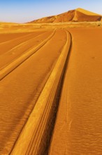 Tyre tracks in the sand, sand dune formed by the wind, in the Rub al Khali desert, Dhofar province,
