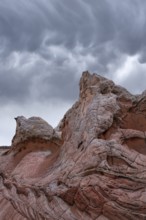 Majestic, swirling rock formations at White Pocket, Arizona, USA, set against a backdrop of dark,