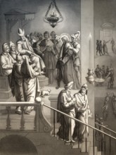 Jesus before Caiaphas, Peter again denies Christ, New Testament, steel engraving 1853, digitally