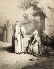 Eliezer and Rebekah at the well, woodcut by Gustave Doré