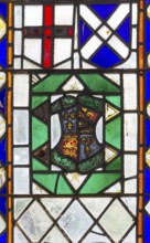 Stained glass medieval fragments, Church of Saint Nicholas, Rushbrooke, Suffolk, England, UK, Royal