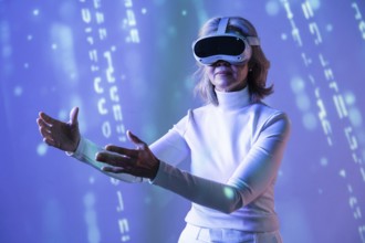 An elderly Asian woman in a white turtleneck enjoys an immersive experience in the metaverse,