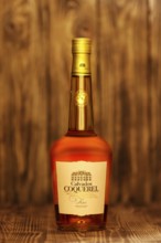 2019, February 23, Minsk, Belarus, Bottle of fine Calvados Coquerel aged in young oak barrels on