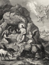 The ministry of angels to Christ, Steel engraving 1853, digitally restored