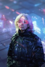 An elderly Asian woman wearing futuristic augmented reality glasses in a vibrant metaverse