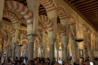 Architecture with striking arches and red and white stripes, interior filled with people, Cathedral