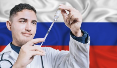 Doctor holding syringe on Russia flag background. Medical professional holding syringe with Russian