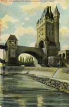 Historical postcard, picture postcard, bridgehead of the road bridge over the Rhine, Worms,