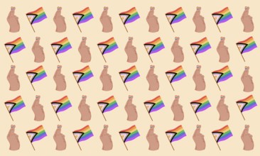 A seamless pattern featuring Pride flags and illustrated hand gestures with painted nails on a