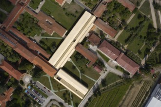 Captivating aerial shot of a hospital showcasing a harmonious blend of modern and historic