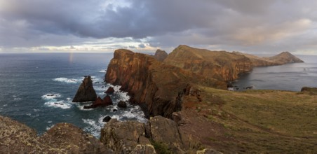Sunset, rainbow at sea, volcanic peninsula, Ponta de São Lourenço, Ponta de Sao Lourenco, rocky