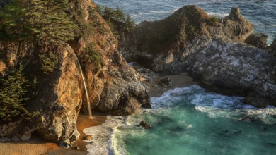 Julia Pfeiffer Burns State, waterfall, rocks, Atlantic Ocean, coast, California, North America,