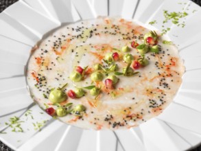 A beautifully arranged seafood carpaccio garnished with delicate green cream, red pomegranate