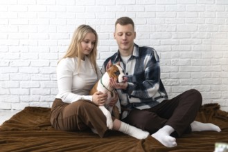 A young couple enjoys a peaceful moment with their Staffordshire Terrier puppy dog inside their