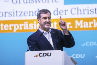 38th Federal Party Congress of the CDU of Germany in Stuttgart. Greetings from Markus Söder, party