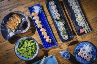 Overhead view of a colorful assortment of japanese cuisine, including sushi rolls, gyoza, edamame,
