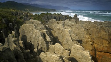 New Zealand, South Island, rocks, coasts, Pancake Rocks, landscape, sea, New Zealand