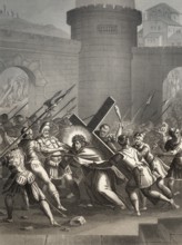 Jesus is led outside the gate to Mount Calvary, New Testament, steel engraving 1853, digitally