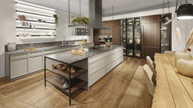 Design of a spacious and modern kitchen featuring a large marble island, wooden flooring, and