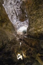 Underground cave formed by lava flow, illuminated lava cave, Cueva de los Verdes, Lanzarote, Canary