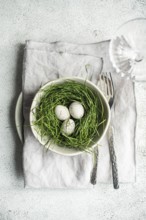 Top view of a simple yet elegant Easter table setting featuring a bowl with a nest of fresh green