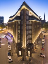 Aerial view of the Kontorhaus Chilehaus in Hamburg's Kontorhaus district at the blue hour, Hamburg,