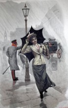 Spring rain, a young woman with an umbrella, hat and a contemporary dress. In the background, a man