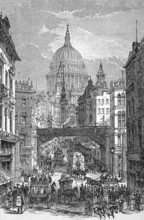 View towards St Paul's Cathedral, horse traffic on Ludgate Hill, around 1870, London, England,