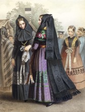 Traditional costumes in Germany around 1820, Province of Saxony, Dannstedt, woman in dark,