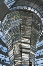 Interior view of the glass dome with mirrored surfaces and people, Reichstag building, German