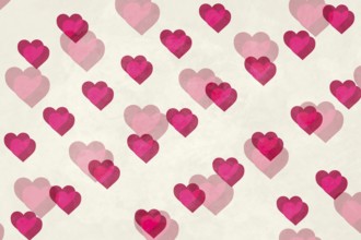A charming pattern of pink and red hearts gracefully overlapping on a light textured background,