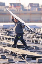 Worker lifts a large solar module on a roof, PV assembly at OBI Baumarkt, Mühlacker, Enzkreis,