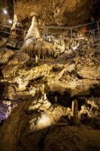 Stalagmites and stalactites in a cave, Devil's Cave Pottenstein, Franconian Switzerland, Franconia,