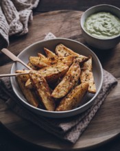 A bowl of rustic potato wedges seasoned with herbs and spices, served with a creamy dip. The
