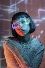 A Latin woman experiencing the immersive world of virtual reality. Wearing futuristic VR glasses,