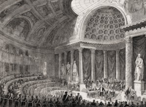 Chamber of Peers, Chambre des Pairs, Paris, antique steel engraved print, 1831