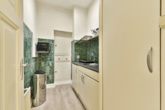 A sleek, modern kitchen showcases minimalist design with green tiled walls, clean cabinetry, and