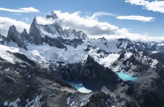 Aerial View, Epic Panorama, Large Glaciers, Lago de los Tres Laguna Sucia Glacier Lakes, Mountains