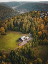 Aerial view of the Sommerberg in the autumn forest, Bad Wildbad, Black Forest, Germany