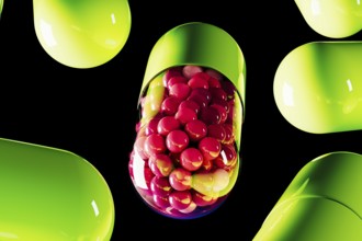 Bright green capsules pills with one revealing vibrant contents create a dynamic visual against a
